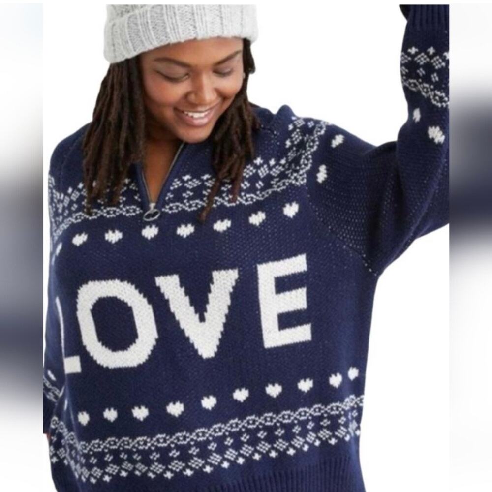 Aerie Oversized Fair Isle Love Sweater Size S Blue White (1118)